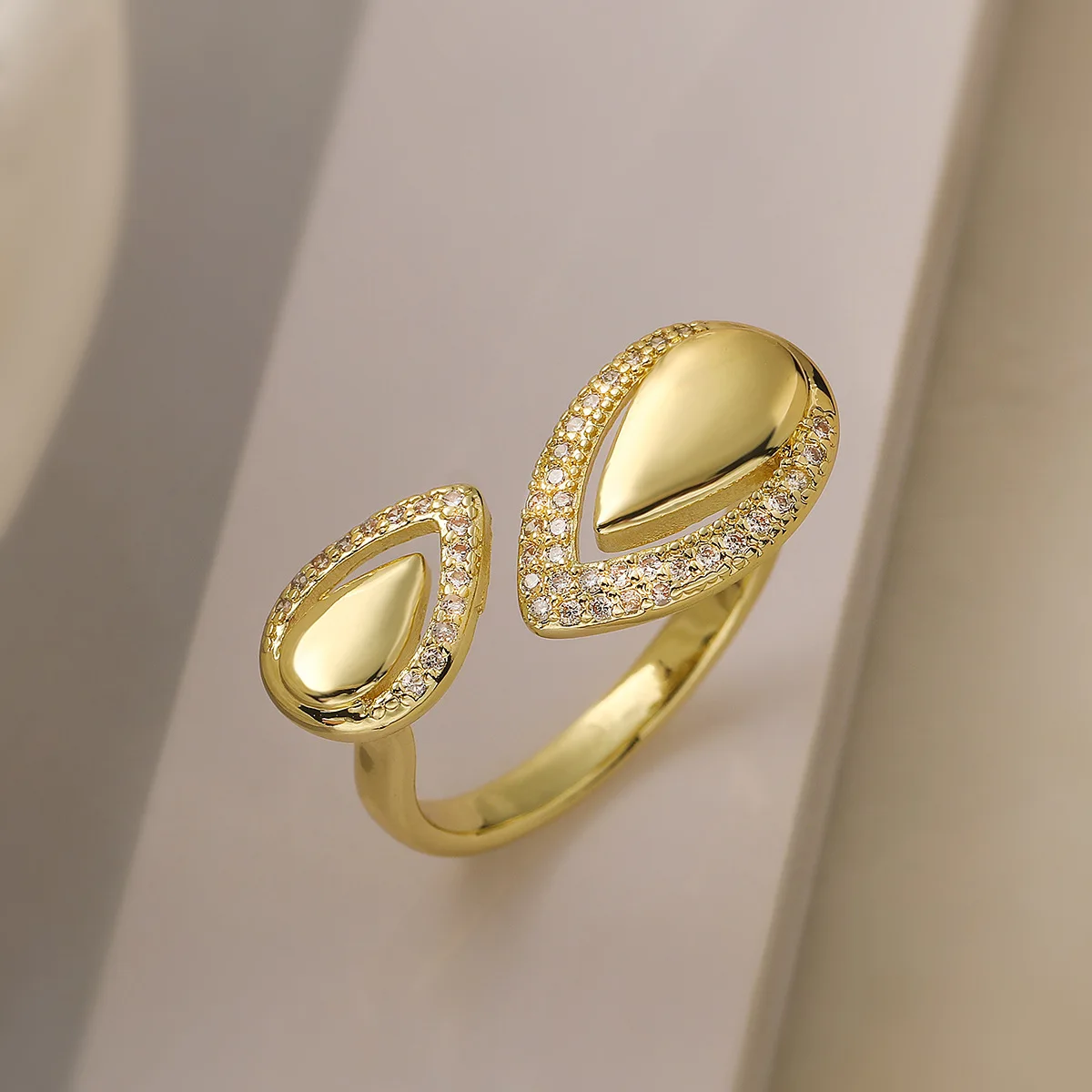 Punk Chunky Gold Color Glossy Droplet Double Opening Rings for Women Shiny Zircon Adjustable Retro Aesthetic Finger Ring Anillos