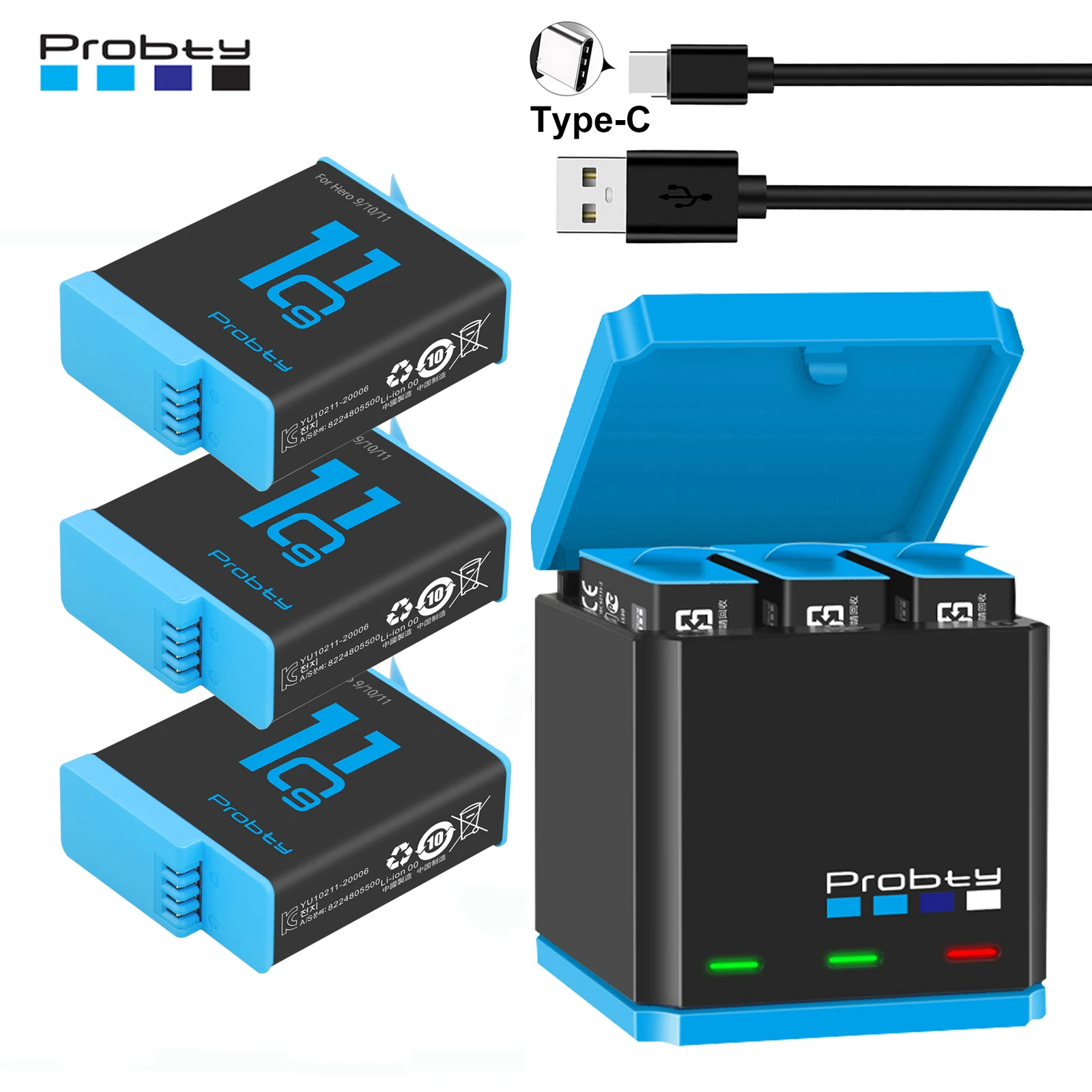 バッテリー充電器Gopro,3ウェイ,1850 mAh,LEDライト付き,ヒーロー9, 10 