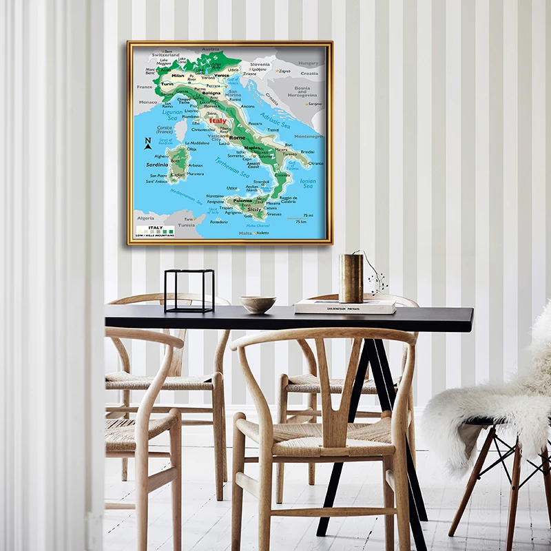 

90*90cm The Italy Terrain Map Wall Art Poster Unframed Print Non-woven Canvas Painting Decorative Picture Home Decoration