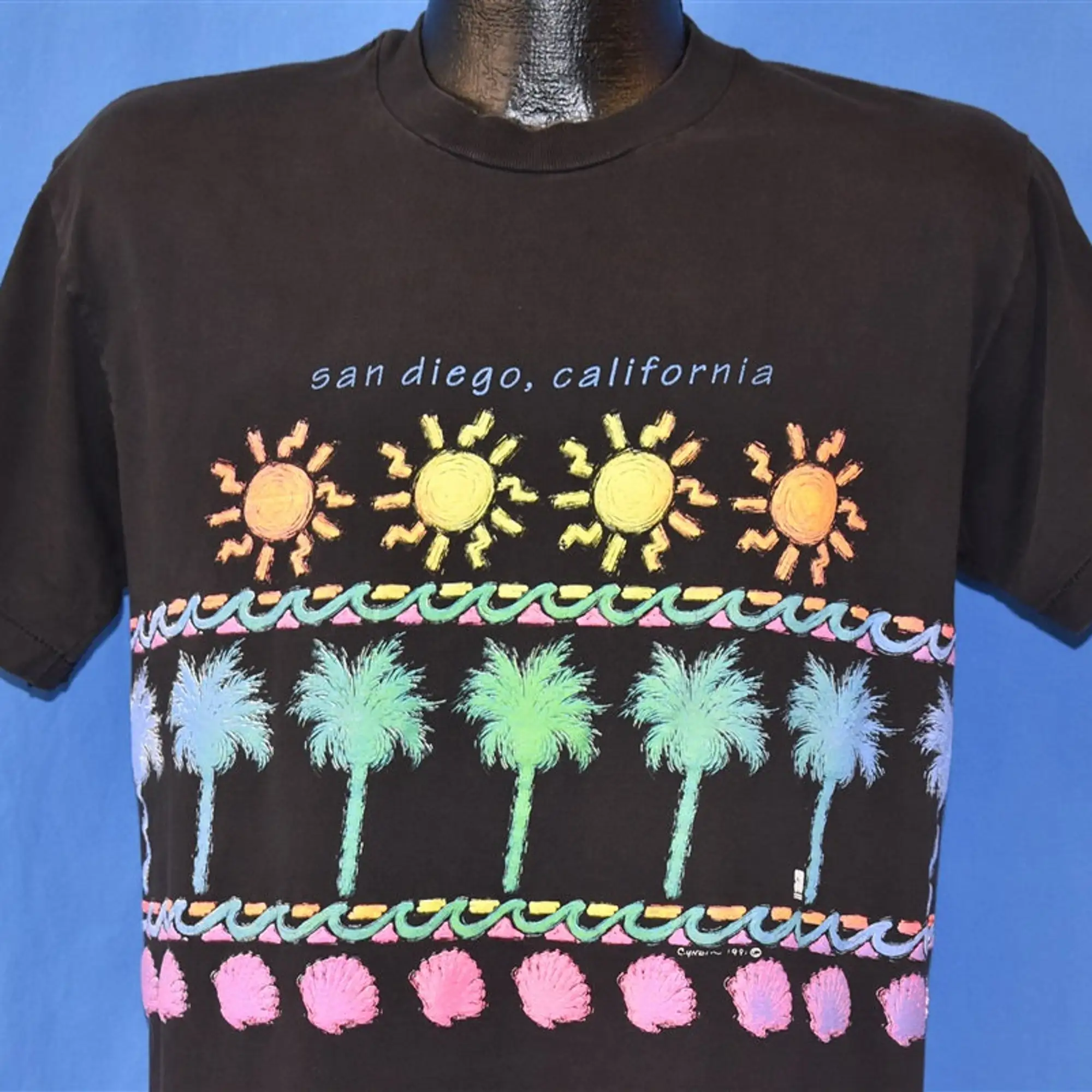 Anni '90 San Diego California Sunset Puffy Paint Palm Trees Maglietta Turistica Medium