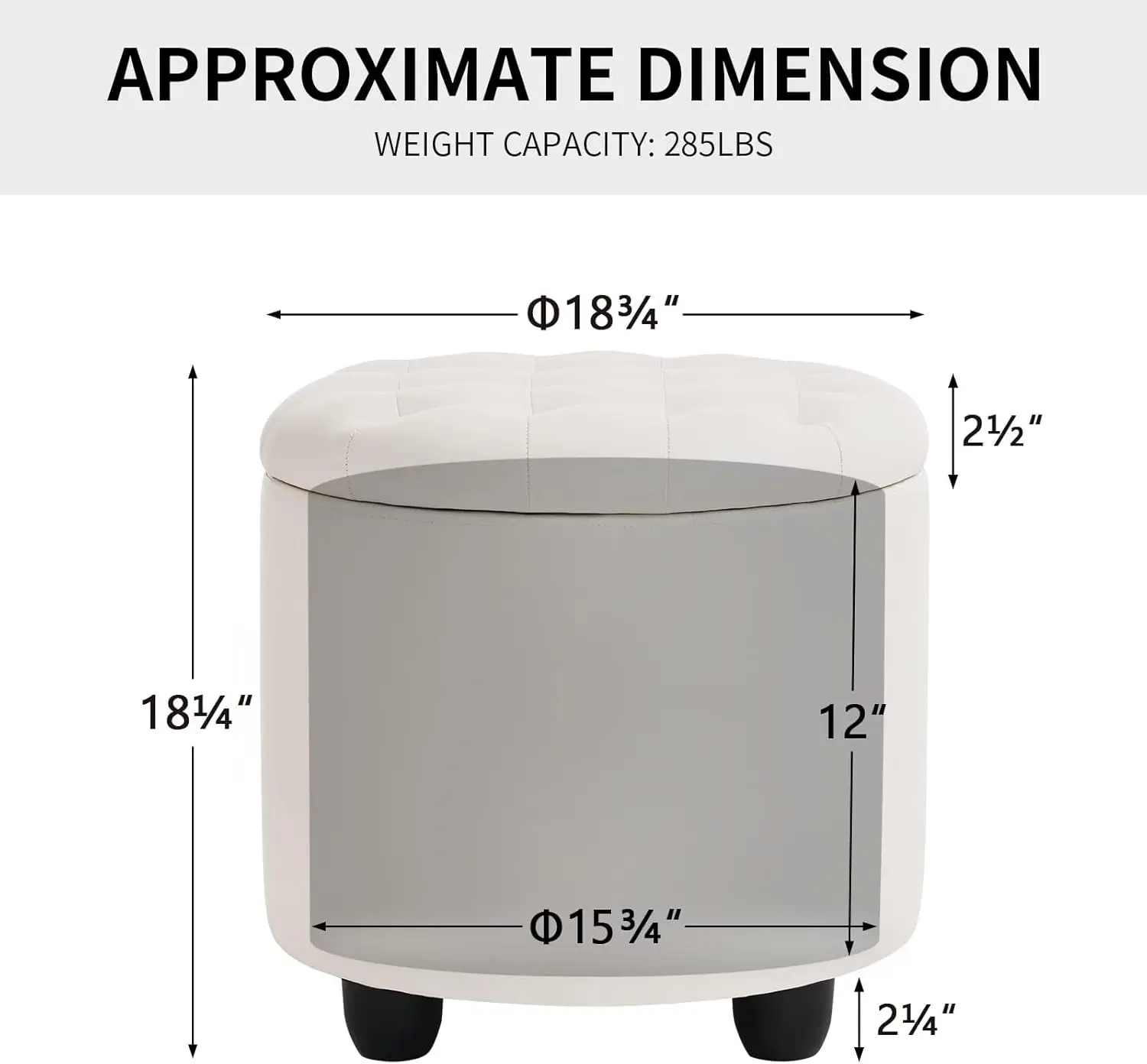 Round Storage Ottoman with Cover Lid Tufted, 19" Round Ottoman with Storage Faux Leather Ottomans