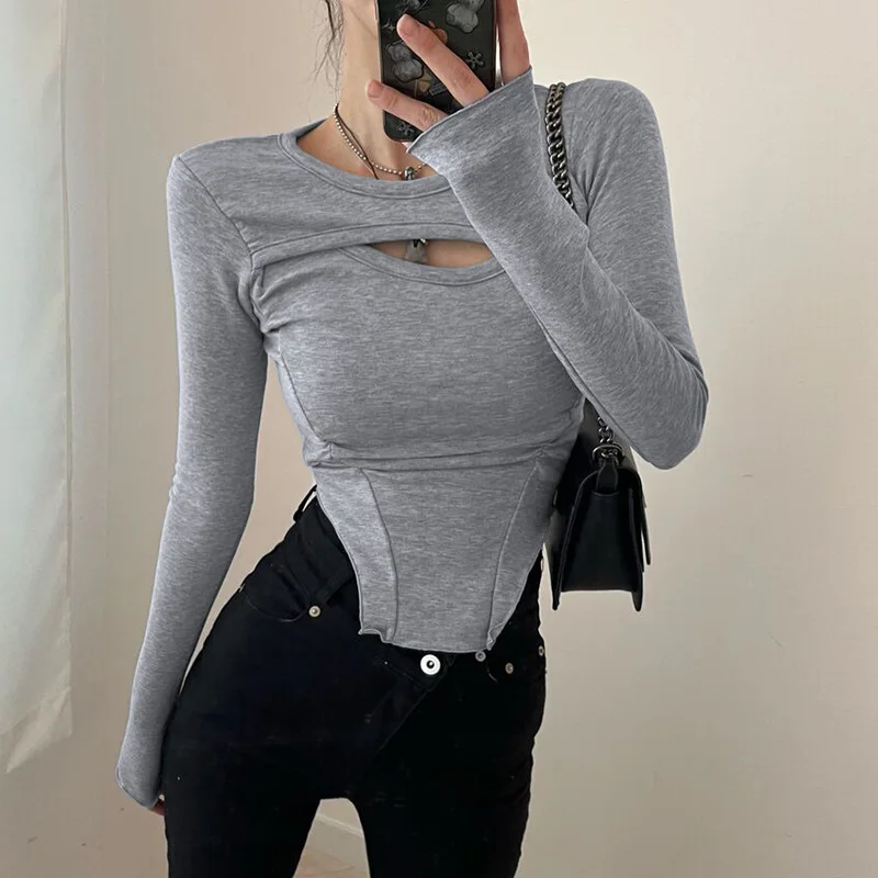 

Long Sleeve Tshirt Women Trending Fake Two Pieces Spliced Hollow Asymmetric Hem Crop Top Grey Black White Tees