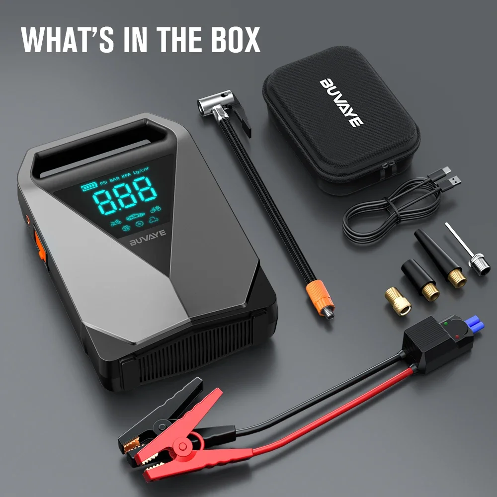 BUVAYE Jump Starter Air Compressor with Power Bank 2500A Battery Booster 12V Engine Starter 150PSI Electric Pump Tire Inflator
