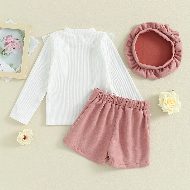 

Baby Christmas Outfit for Girl 3 Pcs Long Sleeve High Neck Tops Ruffle Shorts Beret Sets Fall Winter Clothes