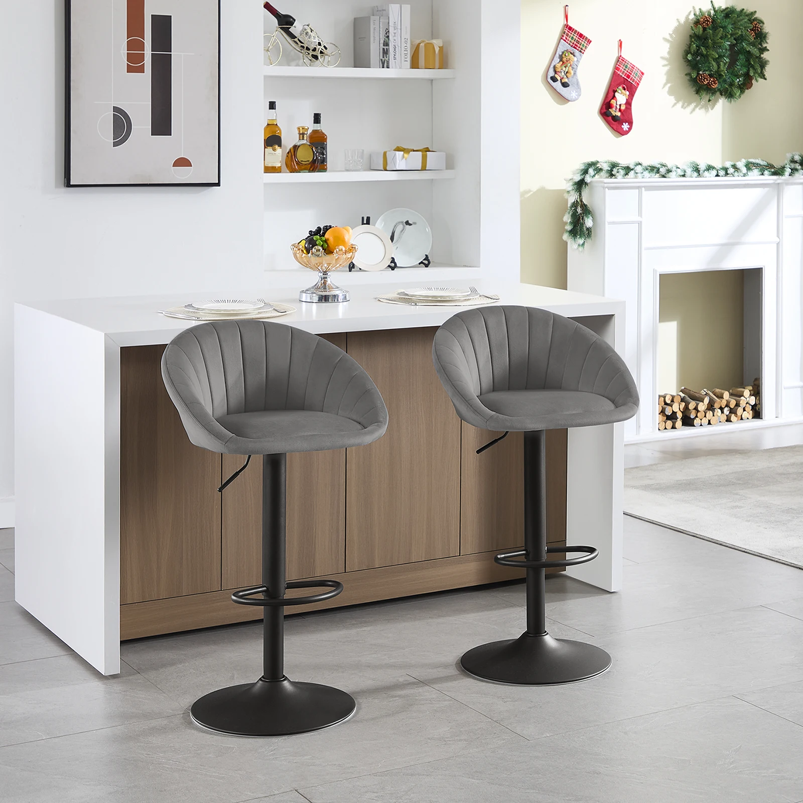 WOLTU 2 Stück/Set höhenverstellbare Barhocker aus Samt/Kunstleder, Küchenhocker, 360° drehbar, ergonomischer Barstuhl mit Rückenlehne – Detail 18