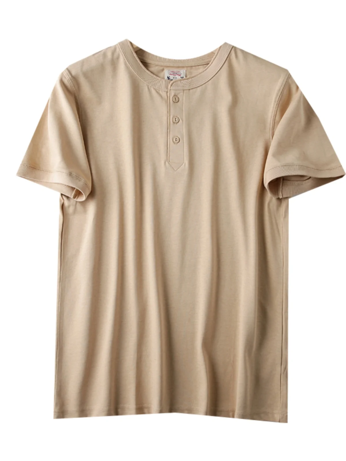 Heavyweight Pure Cotton Comfortable American Retro Sle Henry Collar  Color ort Sve T-irt Men Summer Casual Top