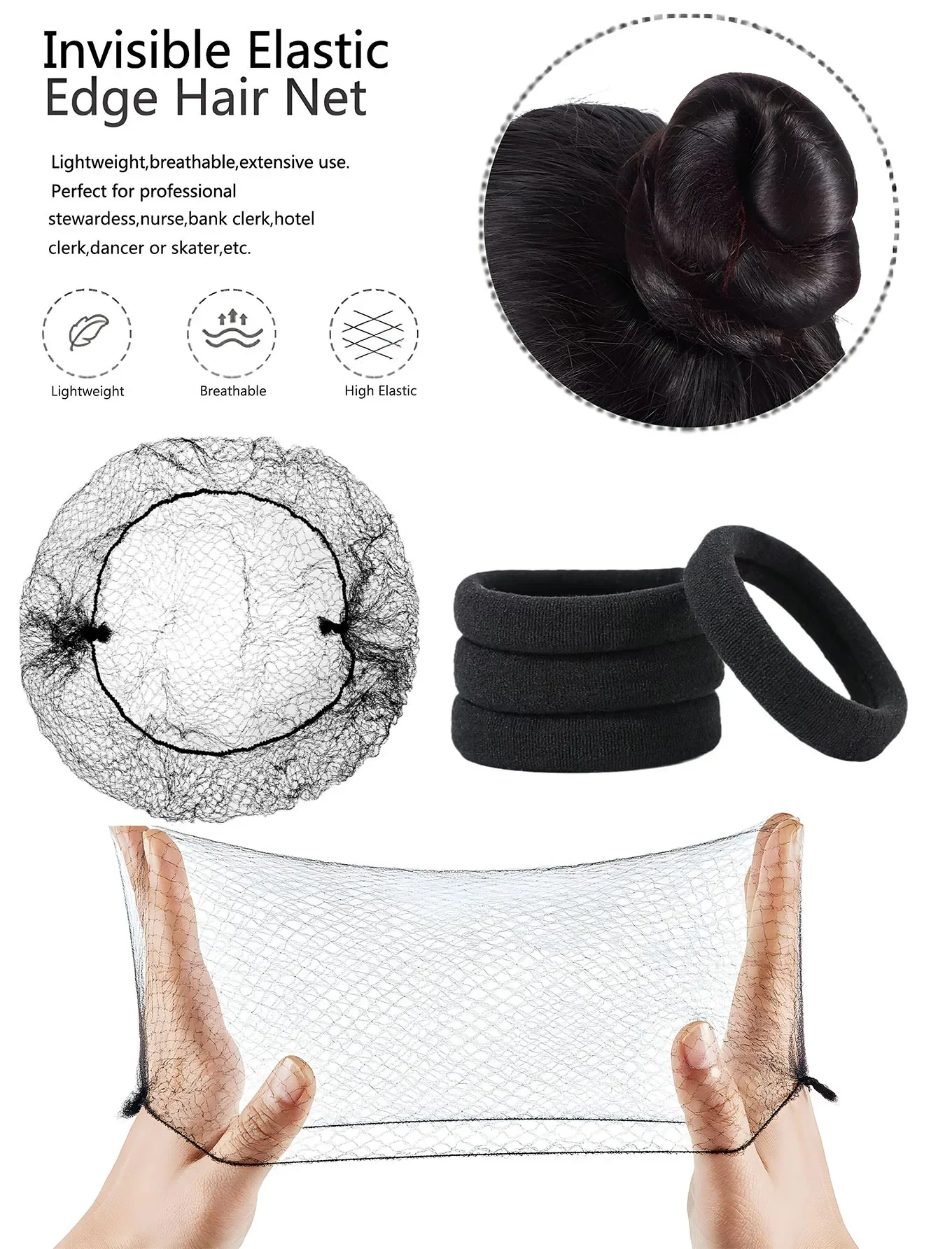 Hair Nets Hair band And U Shaped Pins 12pcs/Set Invisible Elastic Edge Mesh Individual Package for Women Bun Suitable Occasions