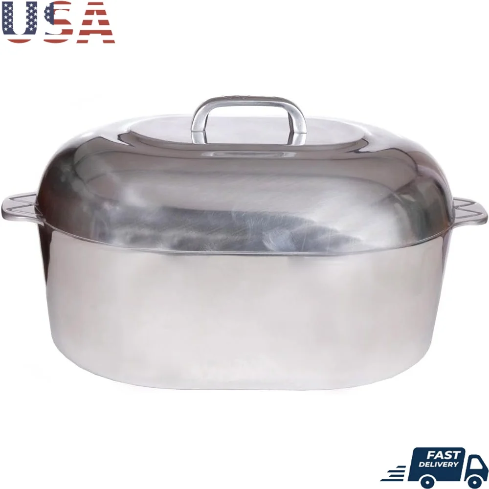 Aluminum Roaster Pan with Lid 15 Inch Heavy Duty Cookware Easy to Clean Oval Pot Roasting Steaming Searing and Saut&eacute;ing