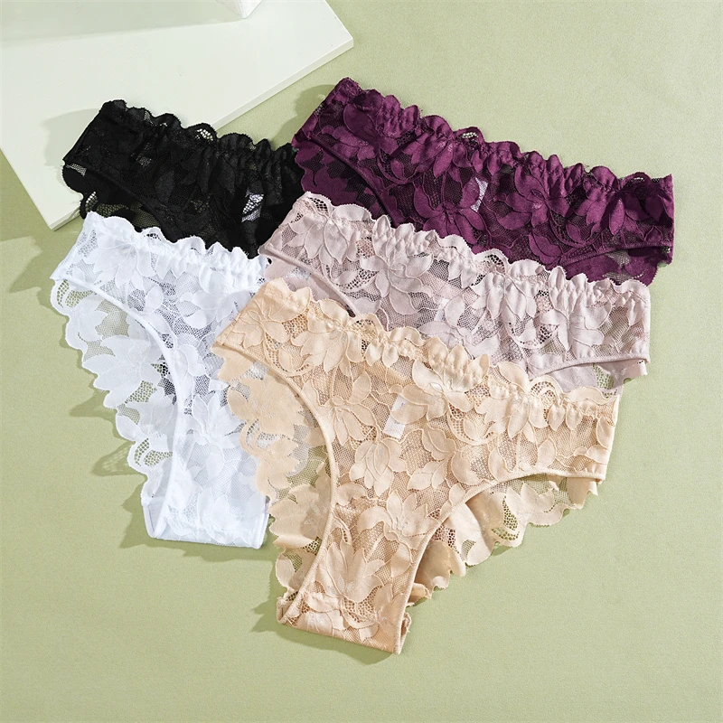 2Pcs Women's Satin Floral Lace Underwear Sexy Hollow Out Panties Solid Low-Waist Perspective Briefs Girls Soft Lingerie