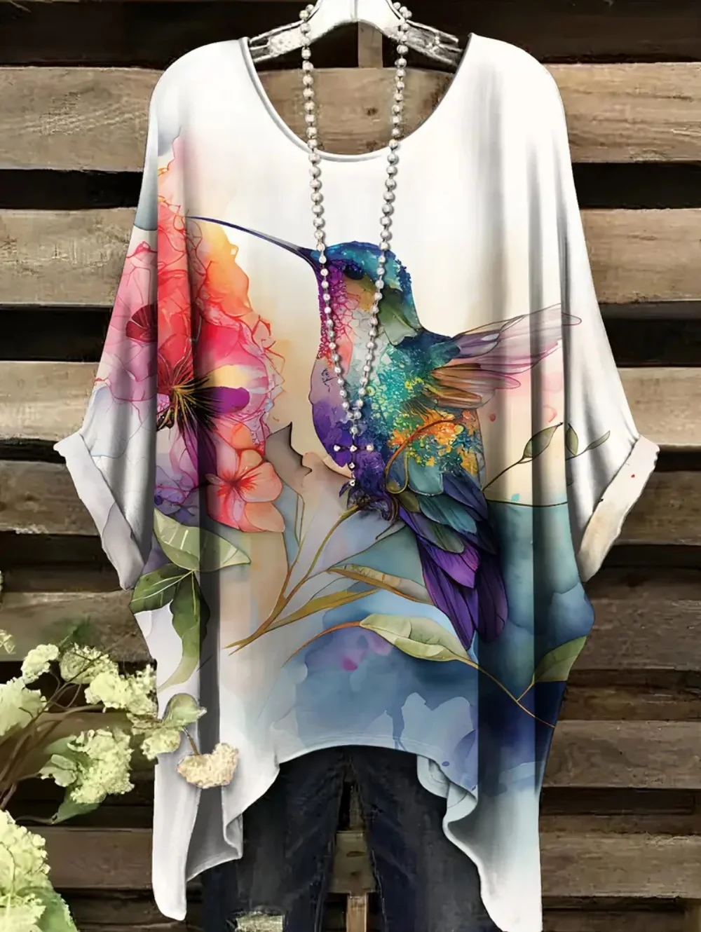 Summer Women's T-Shirt Hummingbird Peacock Print Round Neck Tail Comfortable Short Sleeve Oversized Tee Irregular Hemline Tops 3