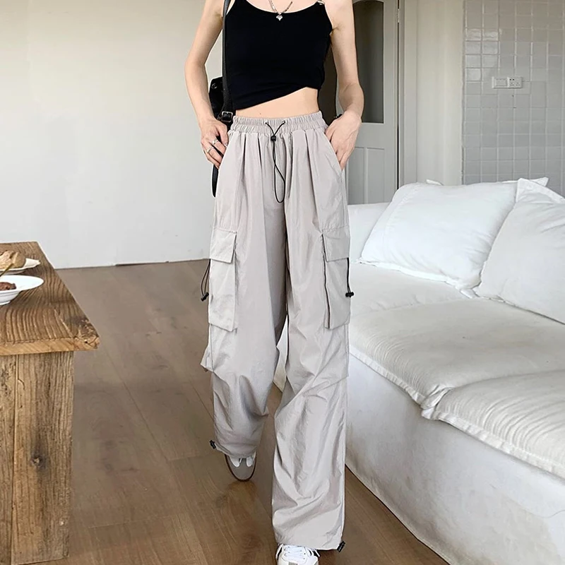 Chic Matching Loose Women's Wide Leg Pants Elastic Waist Drawstring Patchwork Straight Leg Pant Casual Streetwear New Sportswear