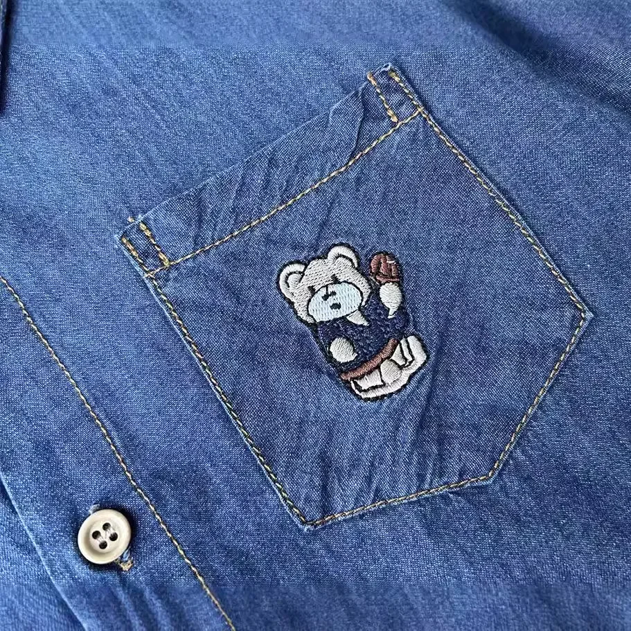Autumn Boys Cute Embroidery Bear Soft Jeans Shirt Kids Children Casual Denim Blouse Outerwear 100-150cm