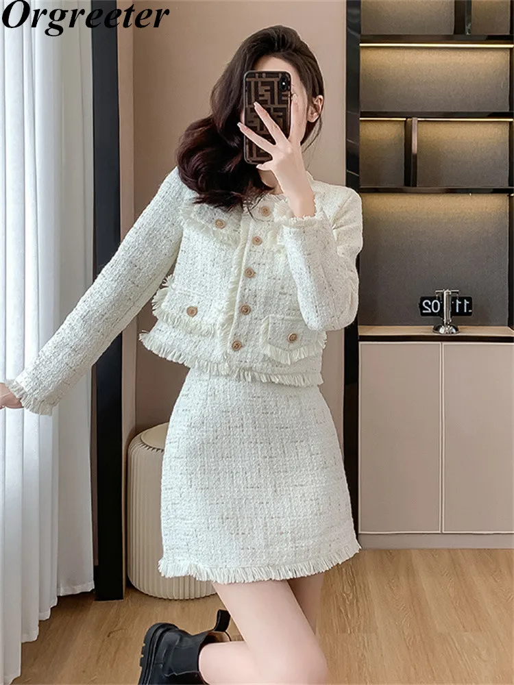 

Elegant Temperament Tassel Woolen Two Piece Set For Women Blazer Coat +Skirt Suits Autumn Korean Fashion OL 2 Piece Outfits