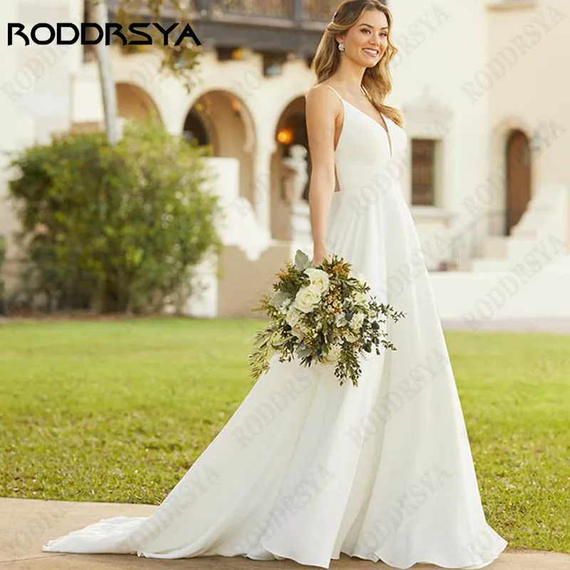 

RODDRSYA Elegant Satin Sleeveless Bride Dress Spaghetti Straps A-Line Wedding Part Open Back Button Vestido De Novia Custom Made