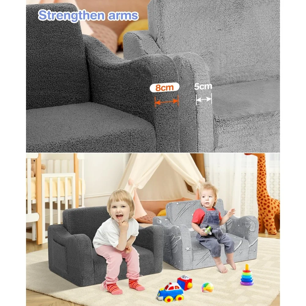 Toddler Couch, 2-in-1 Fold Out Toddler Sofa, Convertible Kids Couch to Lounger, Comfy Kids Sofa Chair for Toddlers 6