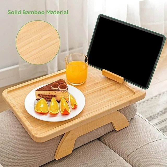 Mesa de bandeja de sofá de bambú Natural, estante de sofá, reposabrazos,  bandeja con Clip, tableta