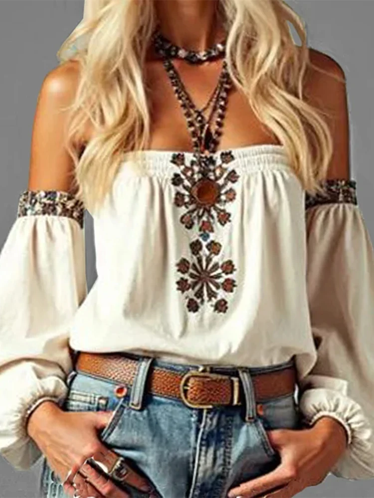 Damen Sexy Off-Shoulder Bluse Schick und Elegant Ethnischer Druck Laternenärmel Crop-Top Lässige Bluse Hemden 2026 – Detail 2