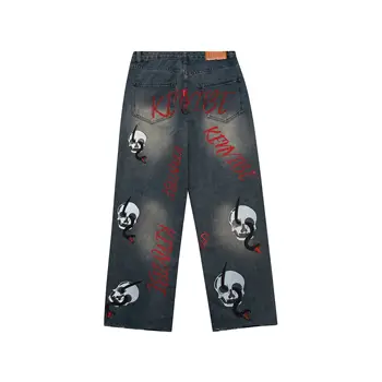 Skeleton Embroidered Straight Jeans Men High Waist Loose Denim Trousers 2