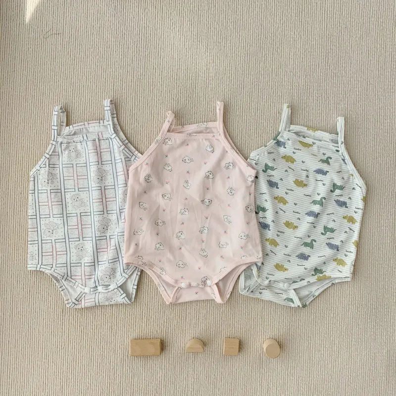 

2024 Summer New Baby Sleeveless Bodysuit Boy Girl Newborn Cartoon Print Sling Jumpsuit Infant Toddler Cotton Thin Clothes 0-24M