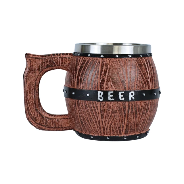 Simulation Wooden Barrel Beer Cup Double Wall Metal Insulated