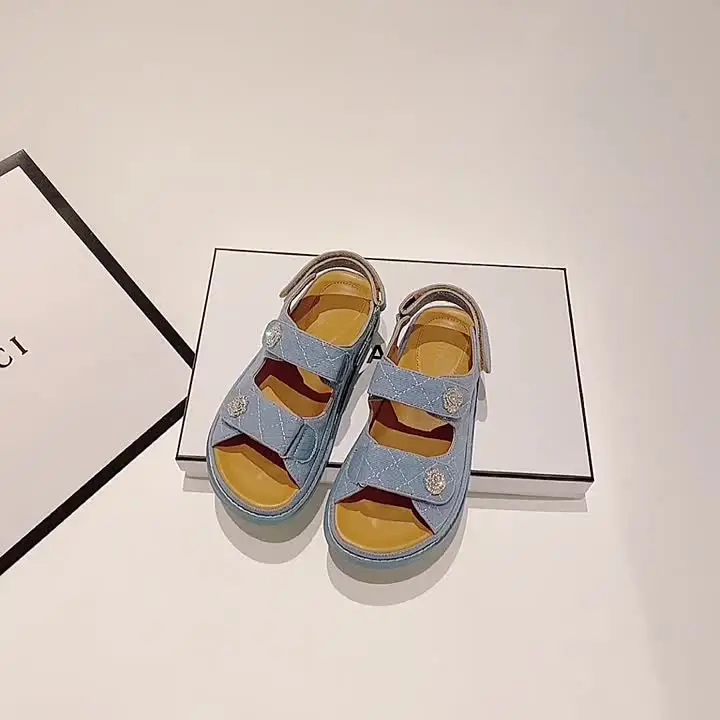 Camellia Buckle Denim Sandals Women Double Band Flat Jeans