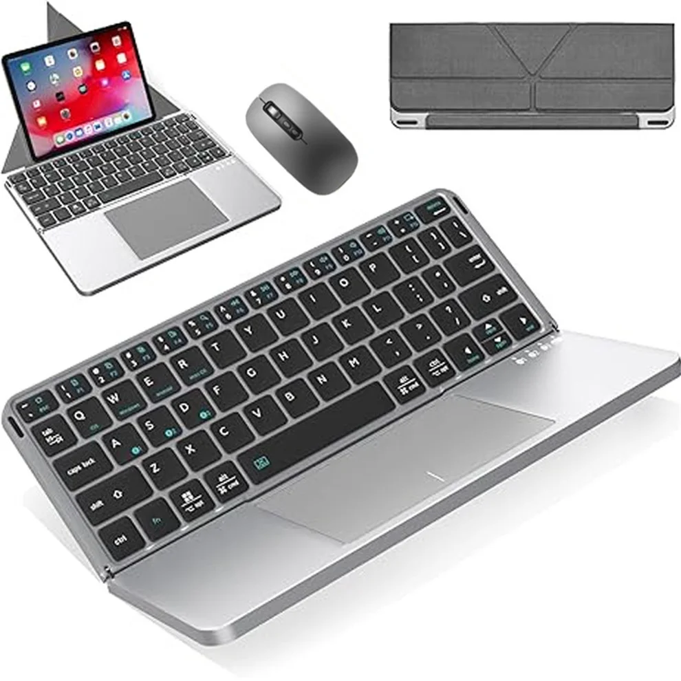 JOMAA Ensemble clavier et souris sans fil pliables Bluetooth avec support et fonction vocale intelligente._voghion.com