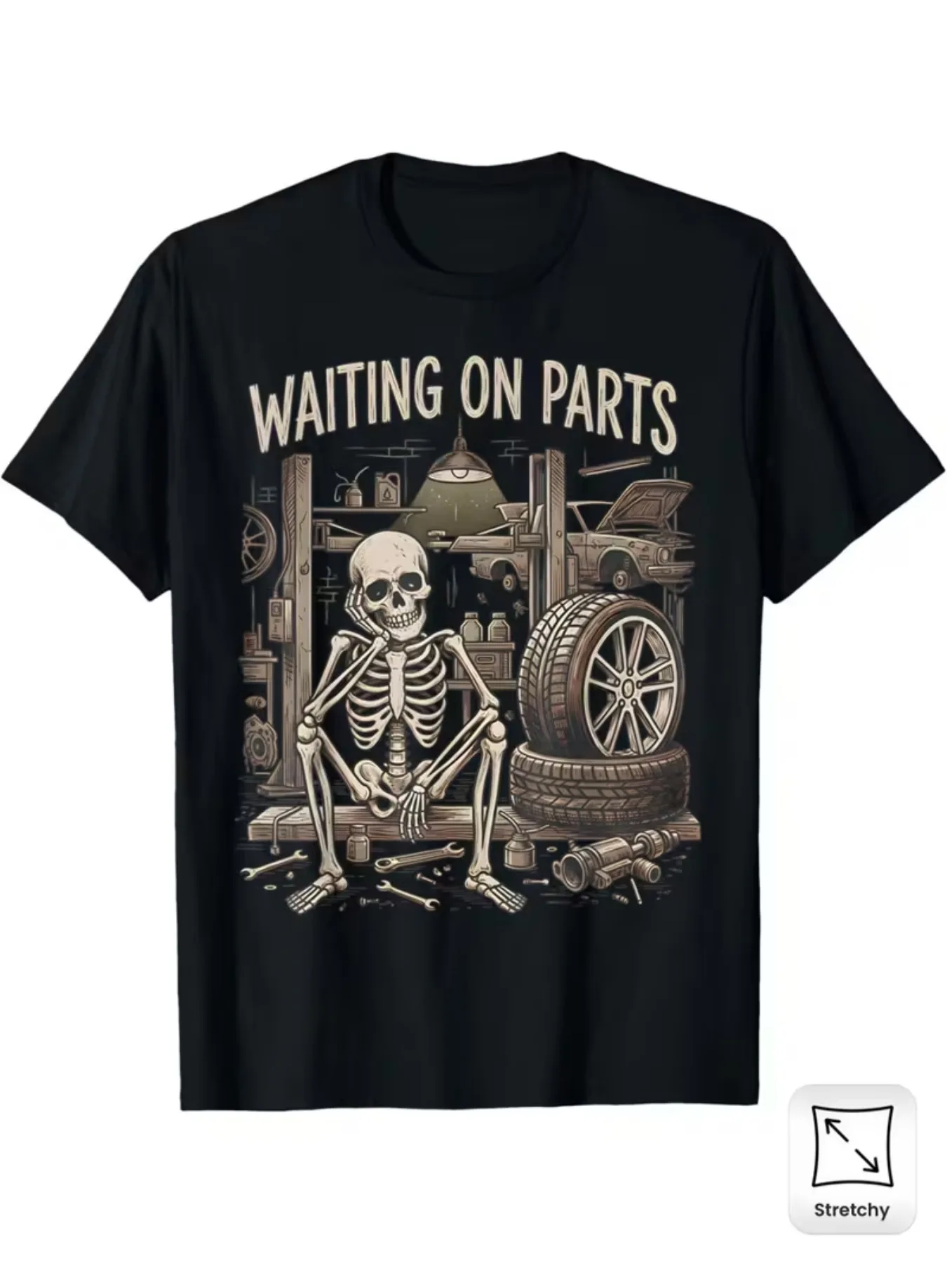 Herren-T-Shirt mit Aufdruck „Skeleton Waiting On Parts Mechanic Garage“ im Vintage-Stil mit Rundhalsausschnitt für Autoreparaturarbeiter