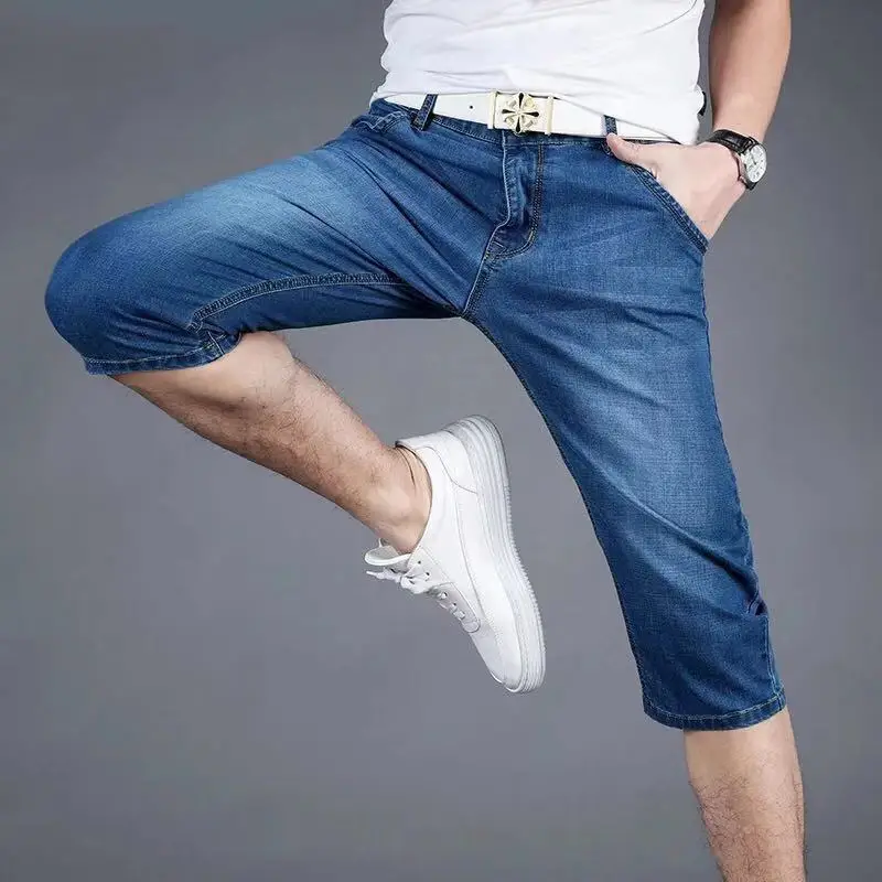Summer Thin Denim Knee Pants Show Thin Elastic Men High Quality Straight Tube Loose Business Travel Luxury Design Quarter Shorts