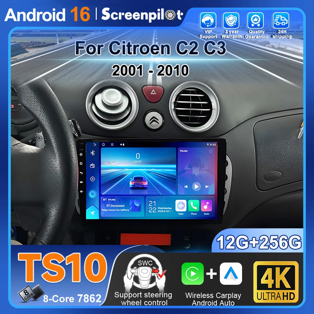 Radio Auto Android 16 para Citroen C2 C3, Reproductor Multimedia Estéreo, Navegación GPS, Carplay, DVR, Pantalla Táctil