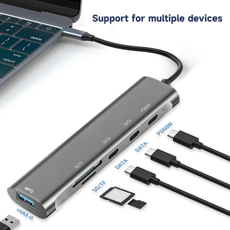

Концентратор типа C 6 в 1 с USB 3.0, зарядкой PD 60 Вт, устройством чтения карт SD/TF идеально подходит для ноутбуков, и P9JD