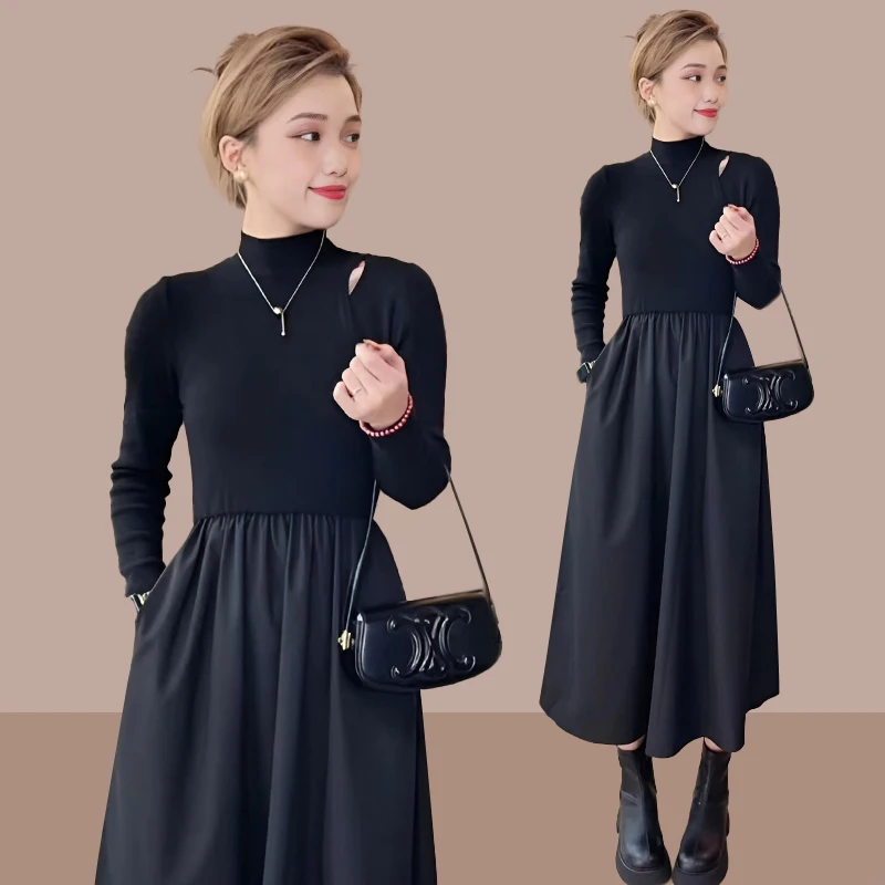 

2024 Autumn Winter Maternity Black Dress Long Sleeve Half Turtleneck Long Sleeve Pregnant Woman Long Party Dress Vintage Clothes