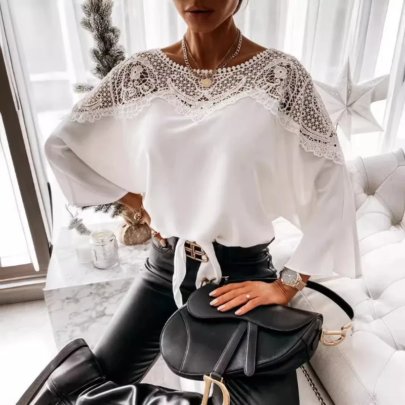 New Loose Long Sleeved Elegant Lace Women's Chiffon Shirt Solid Color Commuting Round Neck Top 12459