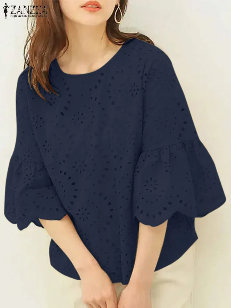 

Женская кружевная блузка ZANZEA в стиле пэчворк, элегантная повседневная блузка свободного покроя с оборками на рукавах, однотонная Повседневная Блузка с вырезами, лето 2024