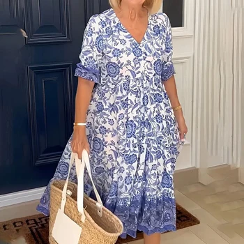 C.New S 여성용 꽃무늬 프린트 보호 드레스, 섹시한 짧은 소매 긴 드레스, V넥 플리츠, 루즈 비치 파티 드레스, 2023 여름