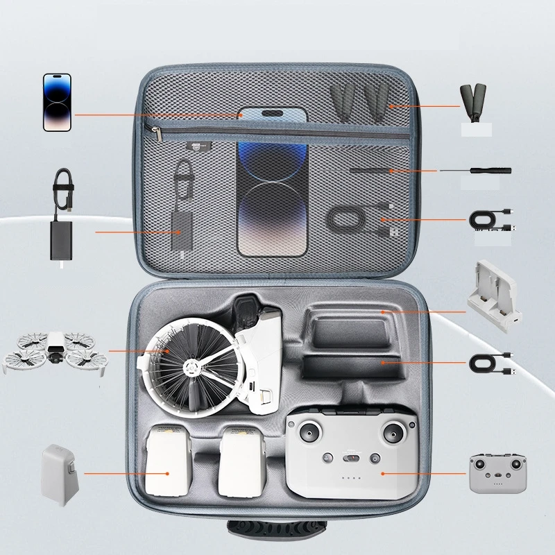 Étui de transport DJI Flip en PU noir, fermé, posé sur une surface plane, avec sa texture matelassée et sa poignée robuste.