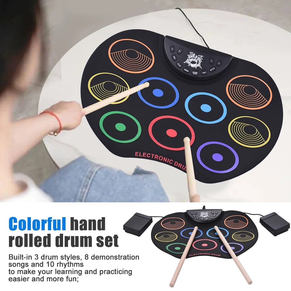 Digital Electronic Drum Set USB Roll-Up Silicon Drums Pad Compact Size Foldable Electric Drum Kits Drumsticks Foot Pedals