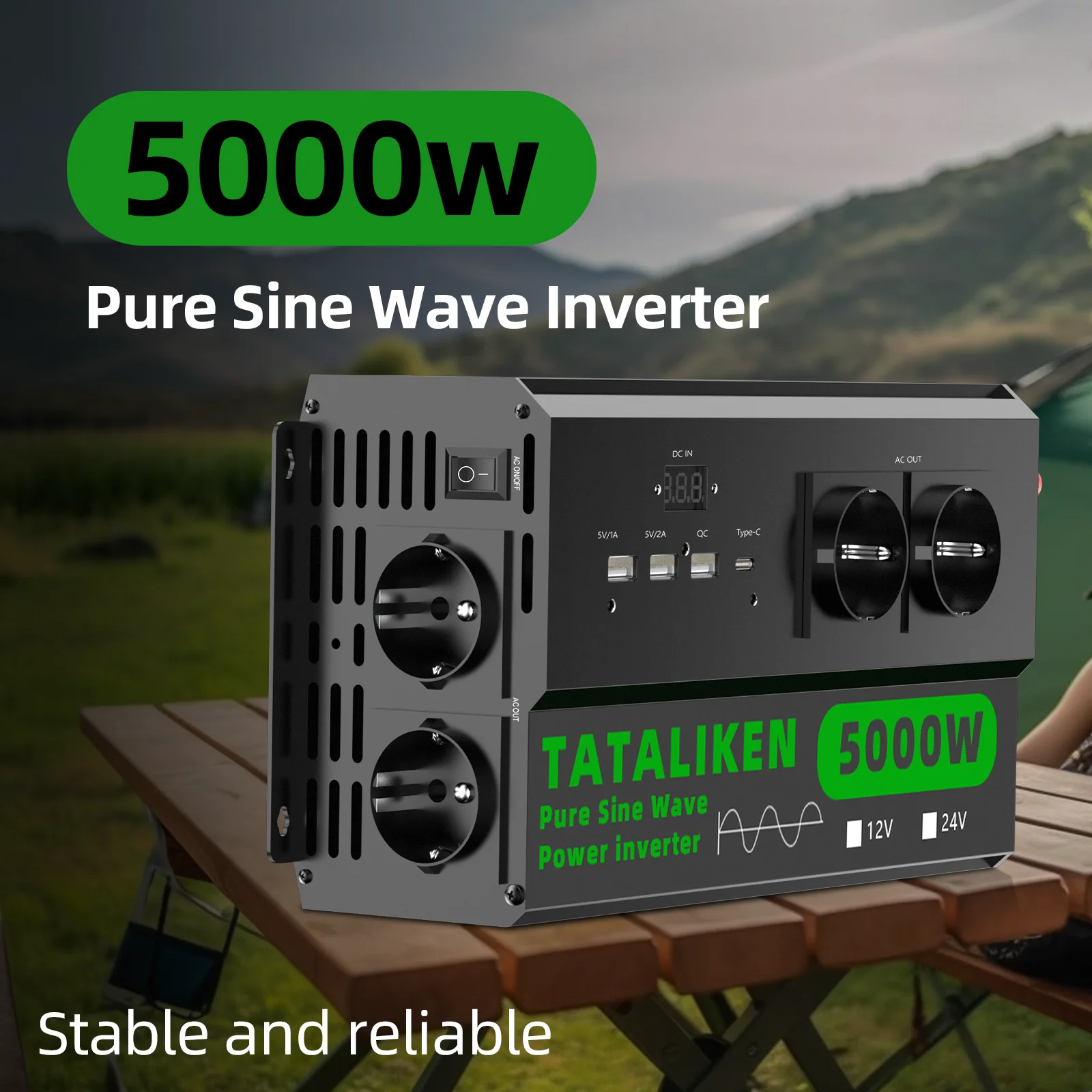 Pro Series 4000 W-6000 W reiner Sinuswellen-Stromrichter 12 V/24 V auf 220 V 50 Hz mit 4 EU-Steckdosen, Display und USB-C – Detail 1