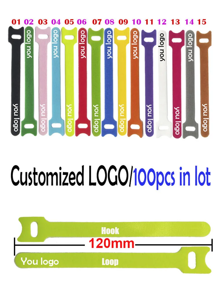 100 Stück/Los 120mm Individuell Bedruckbare Nylon-Klettverschlüsse Kabelbinder Klebeband zur Kabelorganisation mit Ihrem Logo – Detail 3