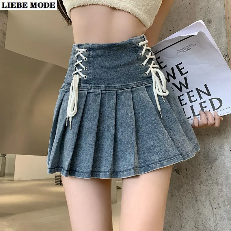 

Y2k Sexy Short Denim Pleated Denim Skirt Women Bandage High Waist A-line Cute Girl Jean Mini Skirt Summer Jupe Femme