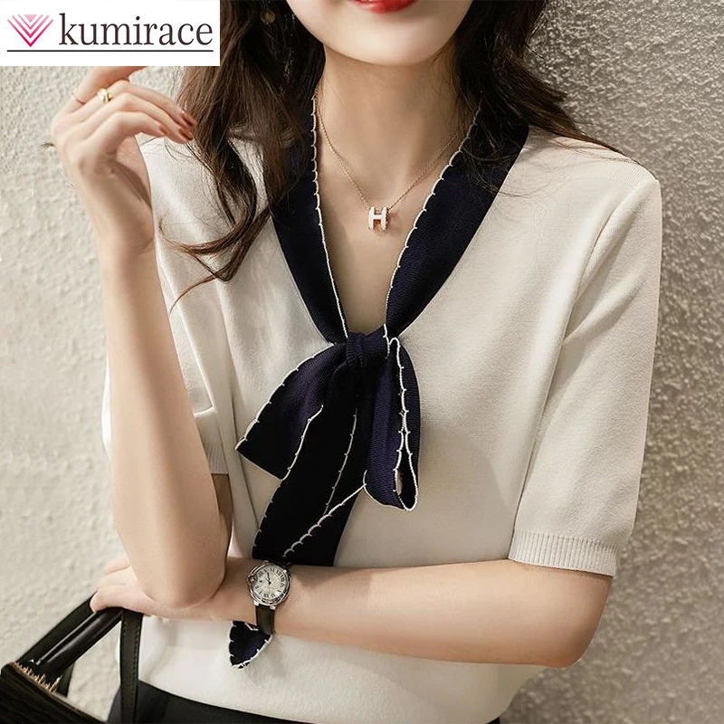 

Ice Silk Knitted Short Sleeve Women's Summer 2023 New Style Relaxed Slim Bottom Wearing Ribbon Bow Top Sweater Y2k Koreankorean
