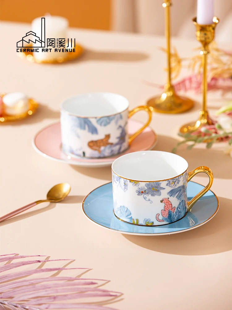 

Jingdezhen Ceramic Coffee Cup Saucer Tea Set Forest Animal Leopard China European Porcelain Mug Drinkware Gift
