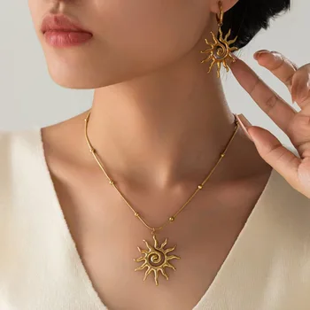 LATS Vintage Chic Sun Shaped Pendant Necklace Earrings Stainless Steel Ring Fashion Jewlery Accessories Gift