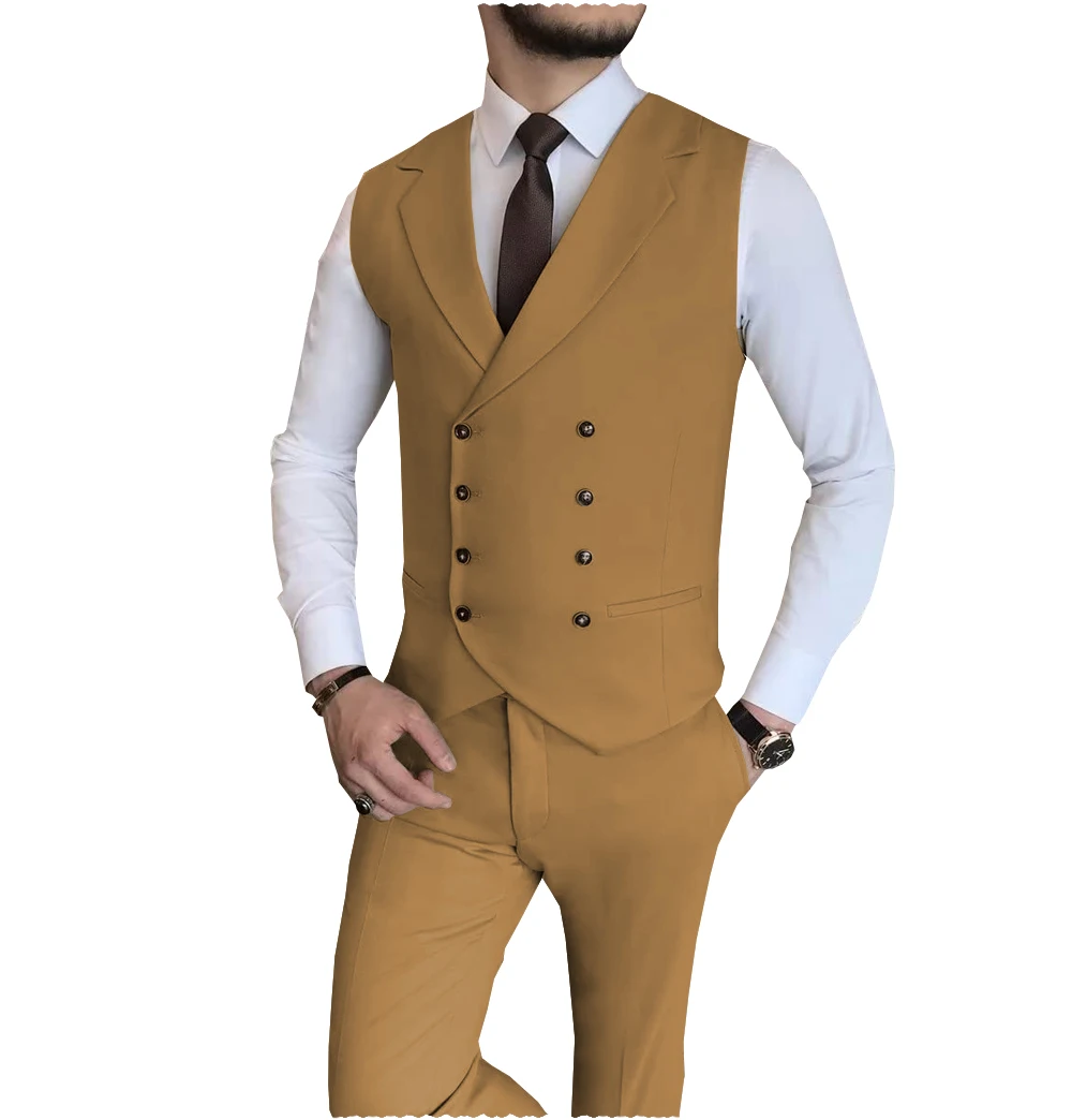Black Men Vest Notch Lapel Double Breast Waistcoat Fashion Boutique Casual Business Groom Wedding Tuxedo Dress（Vest+Pants）