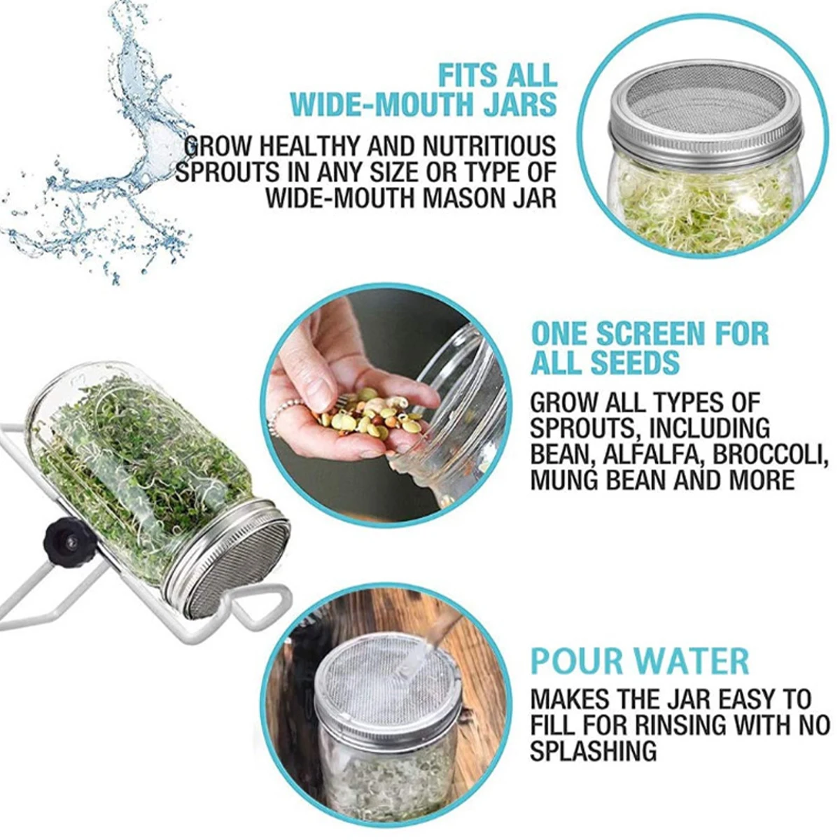 Sprouting Jar Lids Stainless Steel Mesh Screen Seed Sprout Can Lid Wide Mouth Mesh Screen Strainers Filter Germinator Accessorie sprouting jars kit