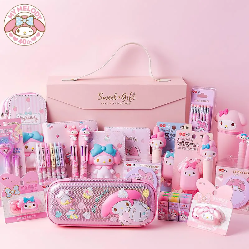 Kawaii Girls Melody Pink School Stationery Gift Set Cinnamoroll Notebook  Hand Account Kitty Pen Box Ruler Rubber Sticky Notes - AliExpress