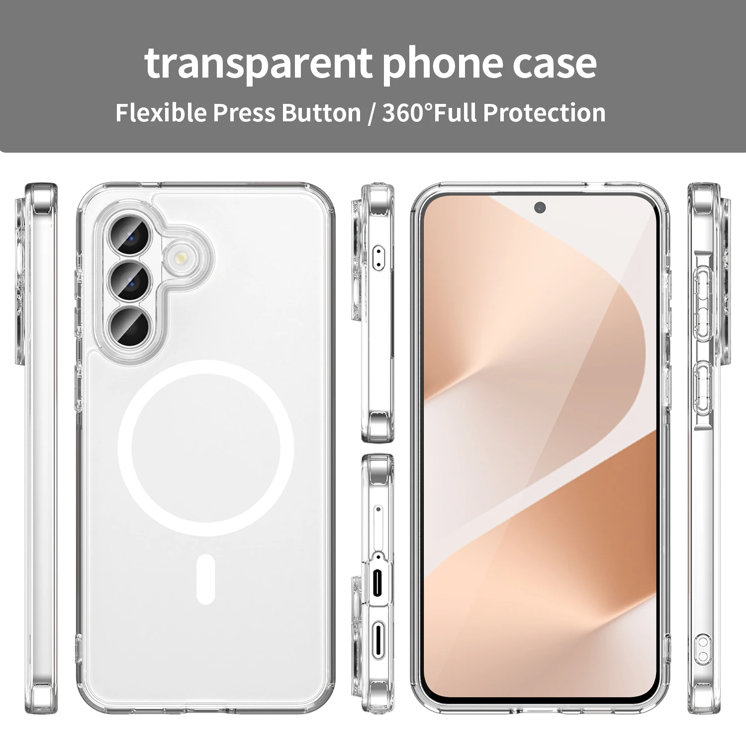 Magnetic Transparent Shockproof Phone Case with Soft TPU Frame