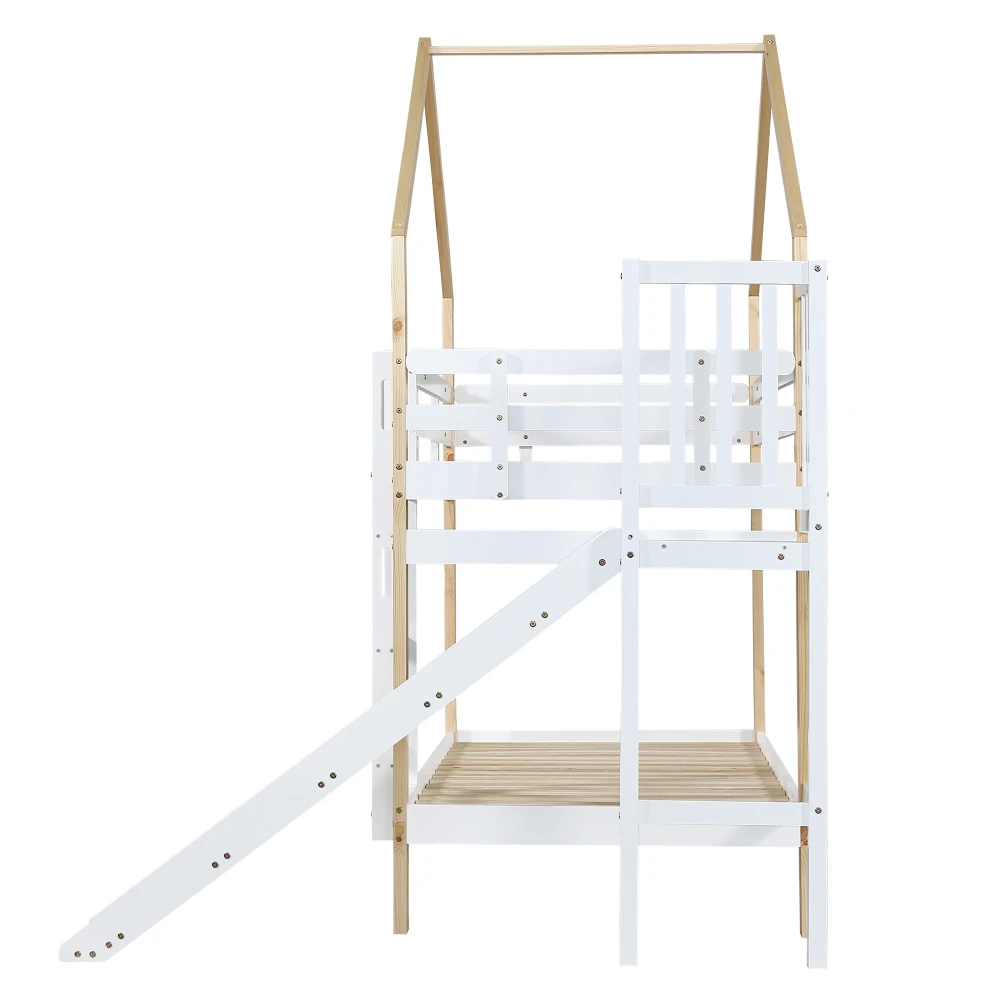 90x200cm Etagenbett mit Rutsche und dreistufiger Winkelrolltreppe, Bett mit Sturzschutz, Kinderbett, Bettrahmen aus Massivholz – Detail 22