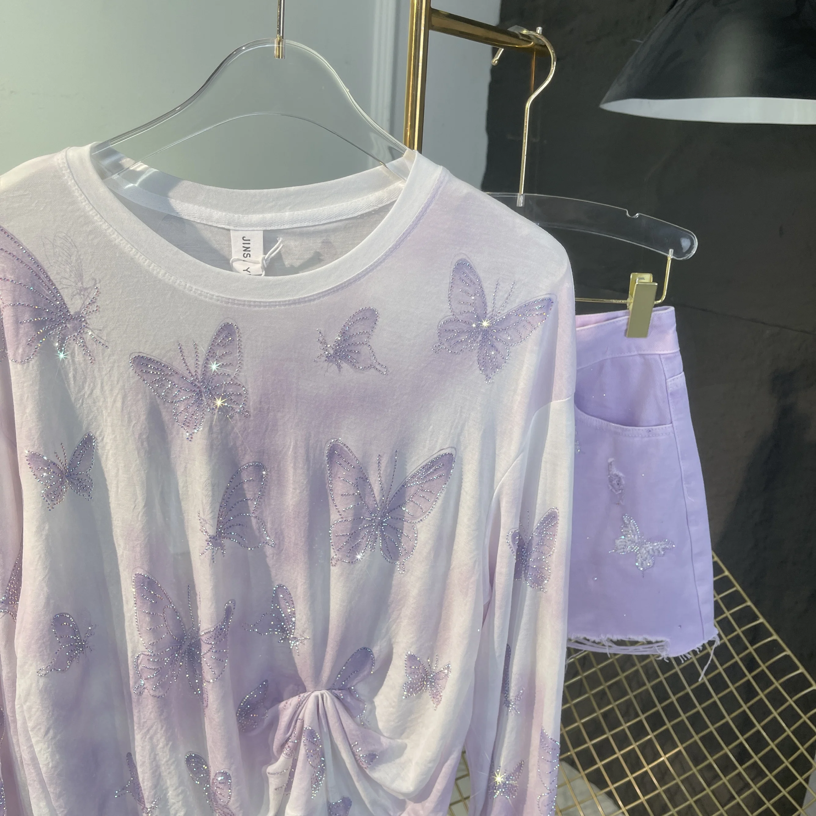 Fashion 2024 Summer New Rhinestone Butterfly Solid Color Long-Sleeve T-shirt Shorts Feminine Elegant Loose Thin Top Women's Sets