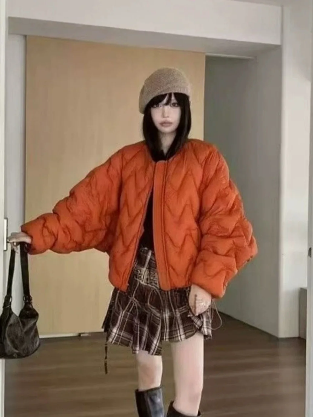 Winter Puff Fluffy Ripple Pattern Down Jacket Women White Duck Down Double Zipper Outwears Female Round Neck Warm Parker Jacket