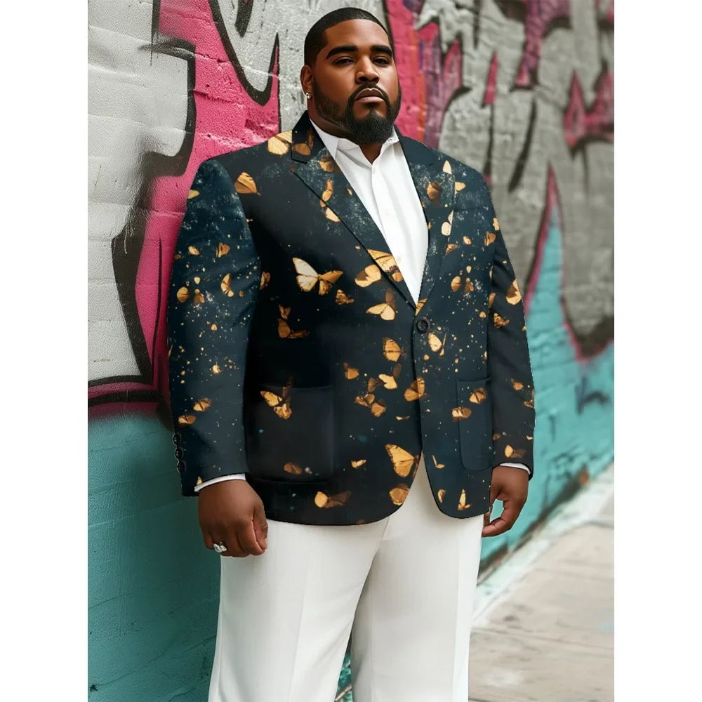 Black and Gold Butterfly Print Mens Blazer Vintage Suit Jacket Black Punk Style Blazers Business One Button Slim Fit Coat 9XL